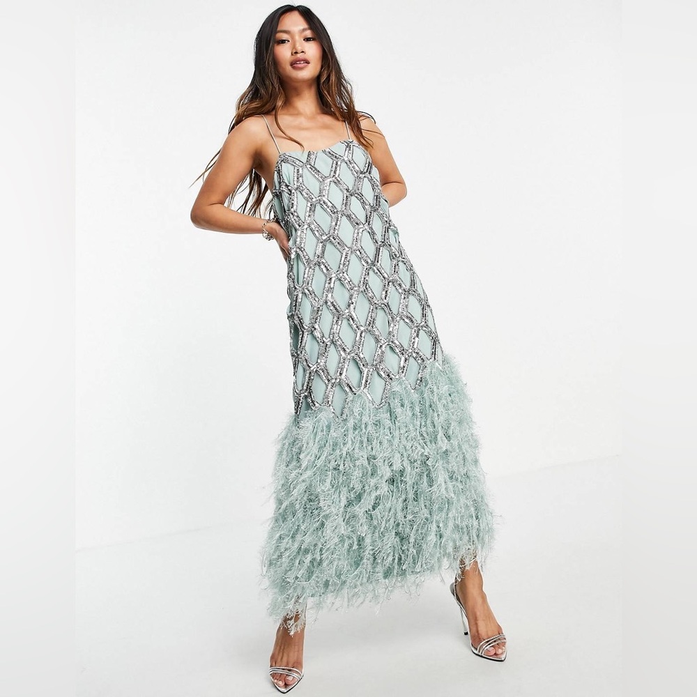 ASOS EDITION geo sequin cutwork midi dress with faux feather hem in seafoam 8